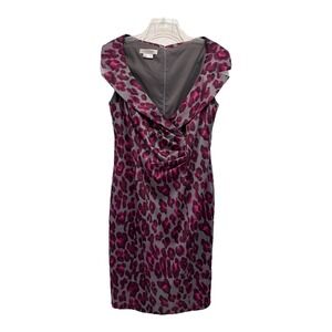 Kay Unger NY Dress Womens 12 Gray Magenta Leopard Satin Sheath Cowl Neck Lined